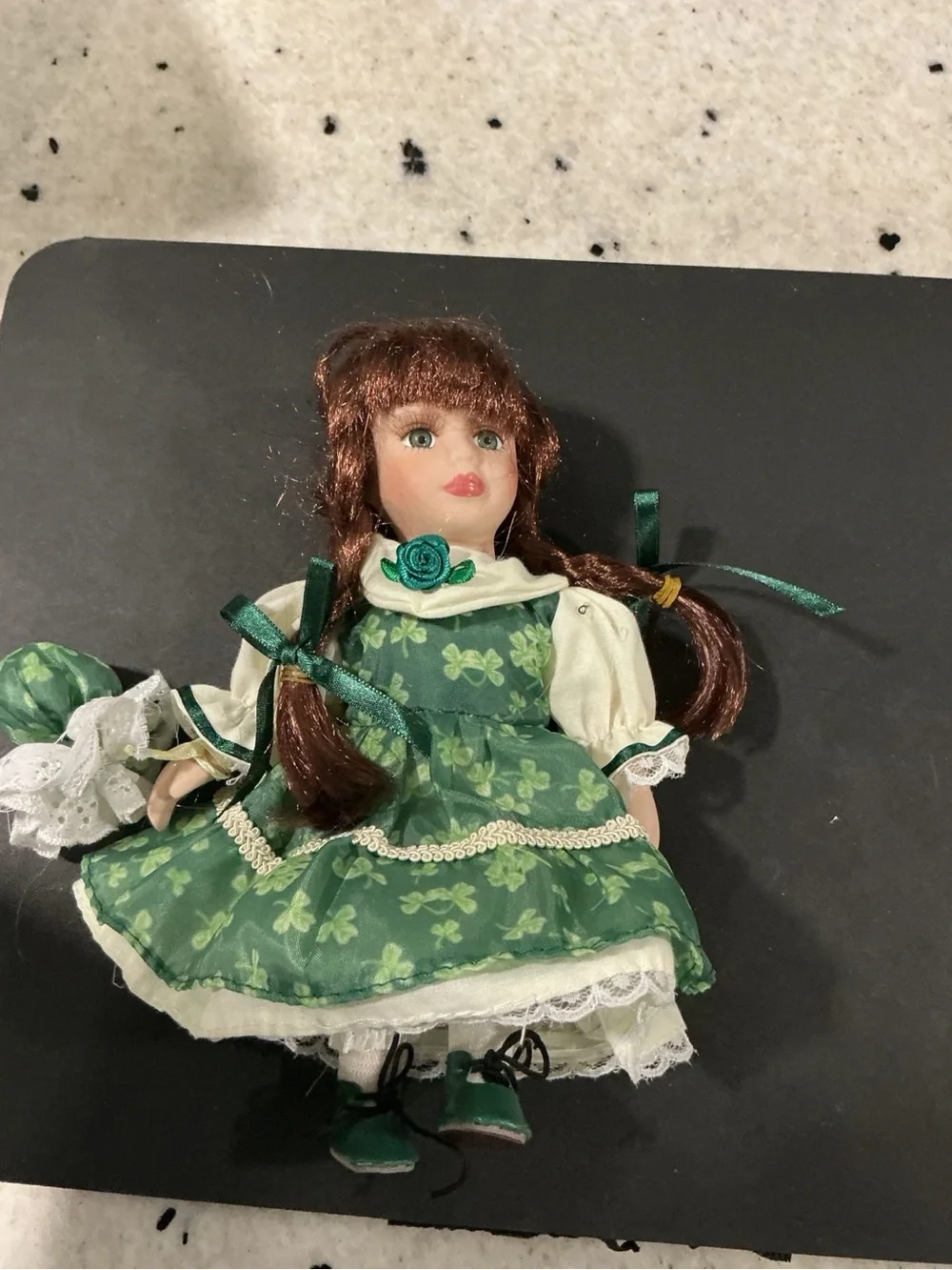 Vintage 8” Porcelain Doll Green Shamrock Dress Braided Hair Collectible Figure
